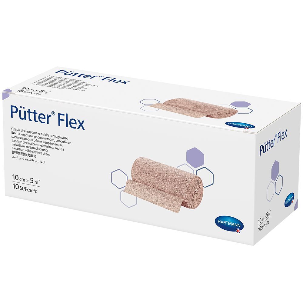 Boîte Hartmann PütterFlex. Bande élastique beige, 10 cm x 5 m. 10 pièces par paquet. Logo Hartmann.