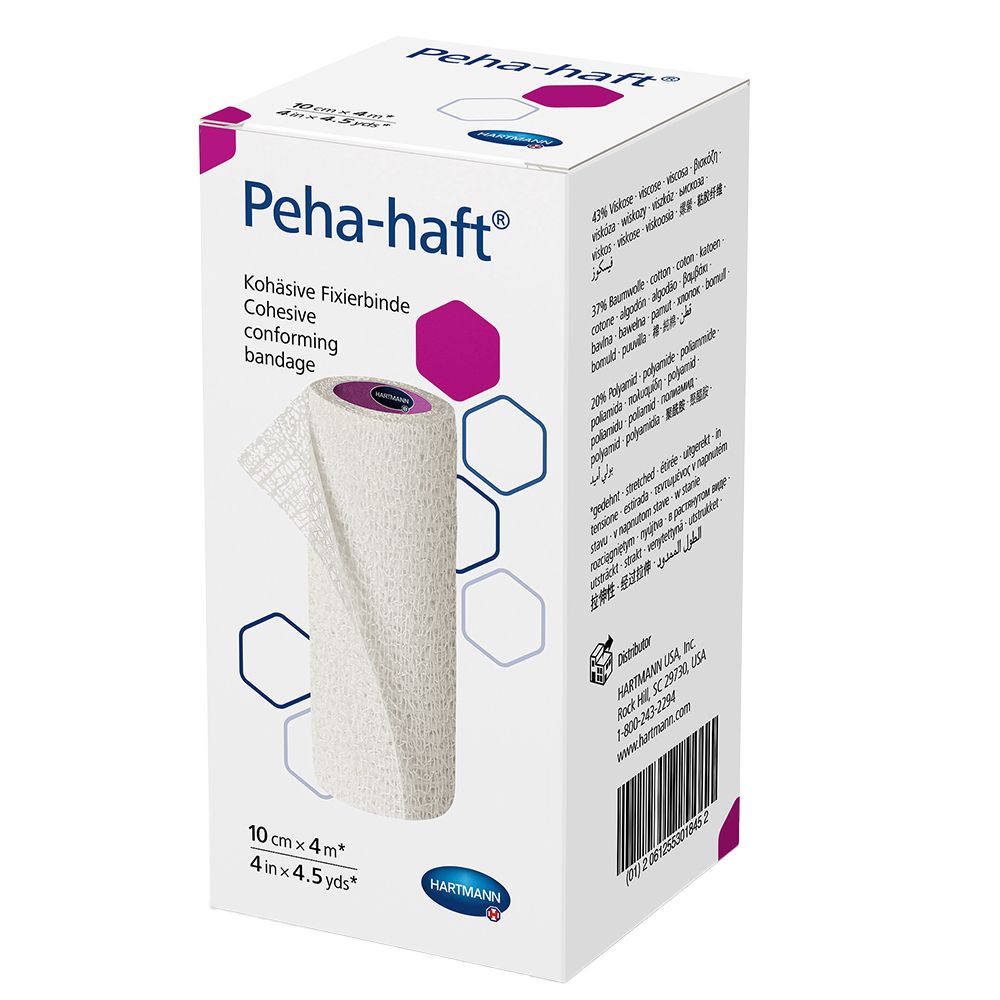 Hartmann Peha-haft fixatieverband, 10 cm x 4 m. Wit, cohesief verband in verpakking. Naam en afmetingen zichtbaar.