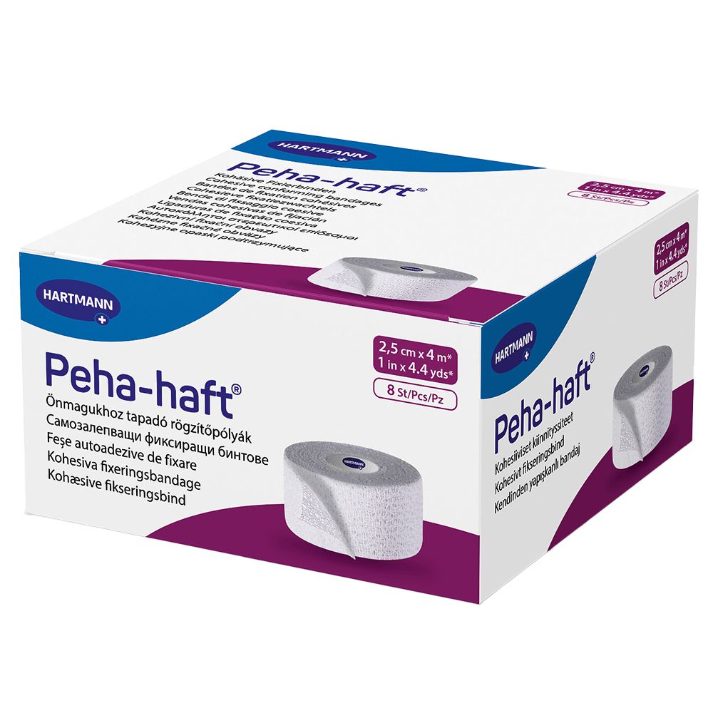 Verpakking van Peha-haft fixatiezwachtel. Witte doos met productnaam en afbeelding van de zwachtel. Afmeting: 2,5 cm x 4 m.