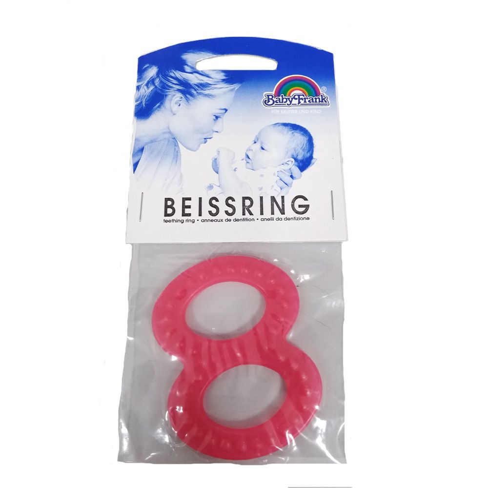 Roze bijtring met handvat, ovale vorm met noppen en gat.