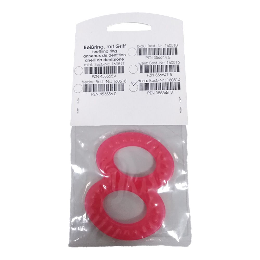 Roze bijtring in verpakking. Etiket met barcodes en tekst.