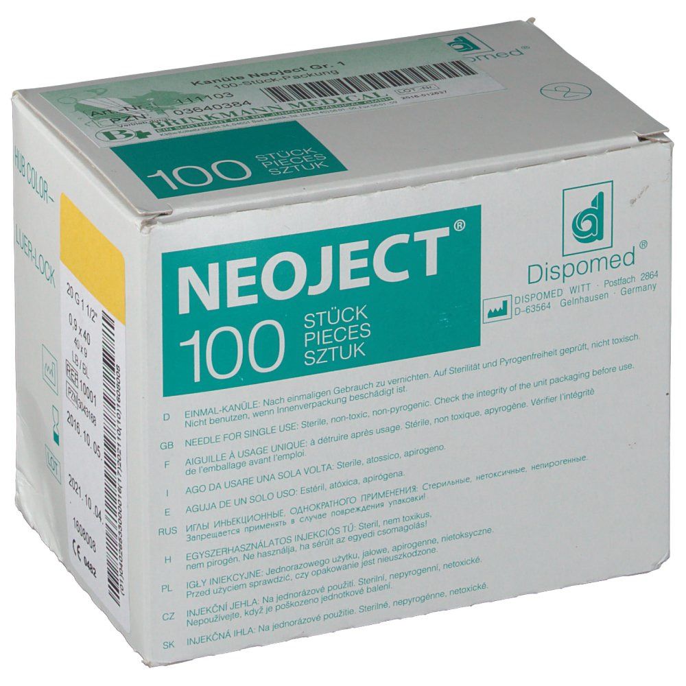 Boîte de seringues NEOJECT. Inscription : 100 pièces. Logo Dispomed. Texte multilingue.