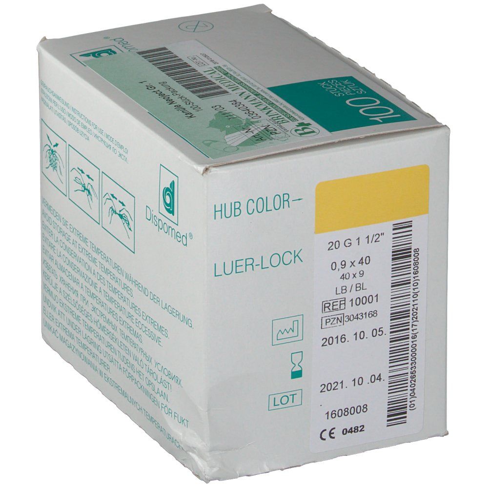 Emballage d'aiguilles NEOJECT. Informations de taille et de lot. Raccord Luer-Lock. Logo Dispomed.