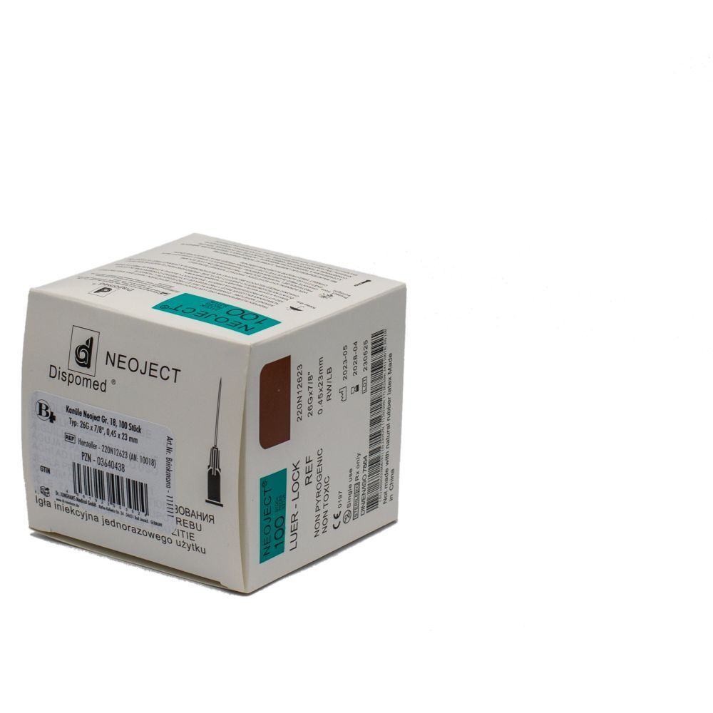 Dispomed NEOJECT canule doos. Groen-witte verpakking met productinformatie en logo. Luer-Lock systeem.