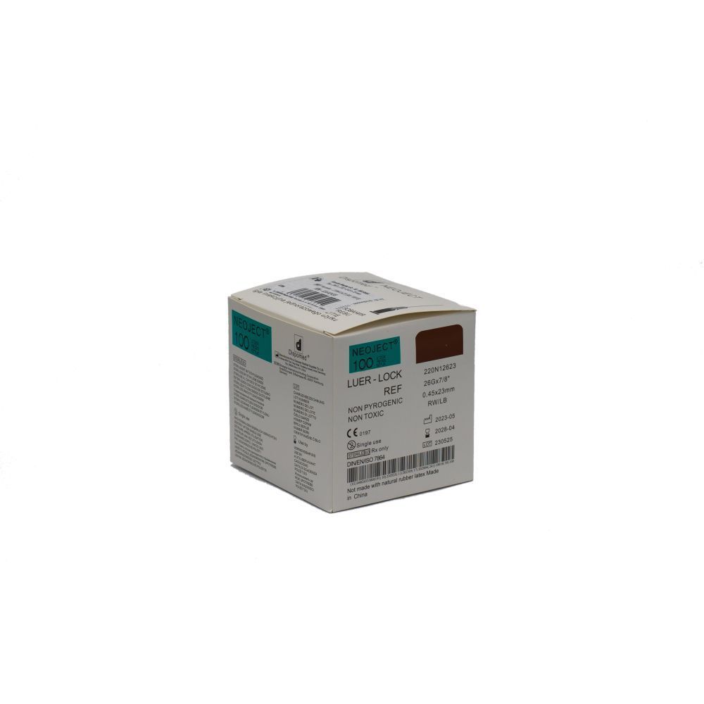 Dispomed NEOJECT canule doos. Groen-witte verpakking met productinformatie. Luer-Lock systeem.
