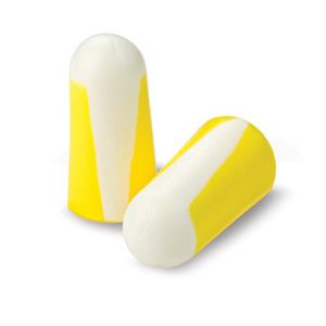 Deux bouchons d'oreille jaunes et blancs. Forme cylindrique avec extrémités arrondies. Base jaune, tiers supérieur blanc.