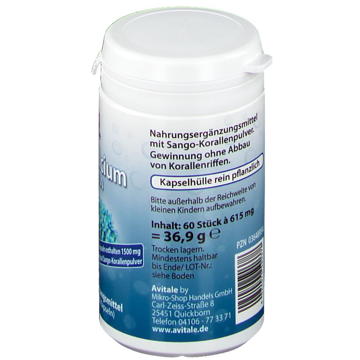 Achterkant van de witte pot. Tekst: Voedingssupplement. Capsulehuls puur plantaardig. Inhoud: 60 stuks à 615 mg.