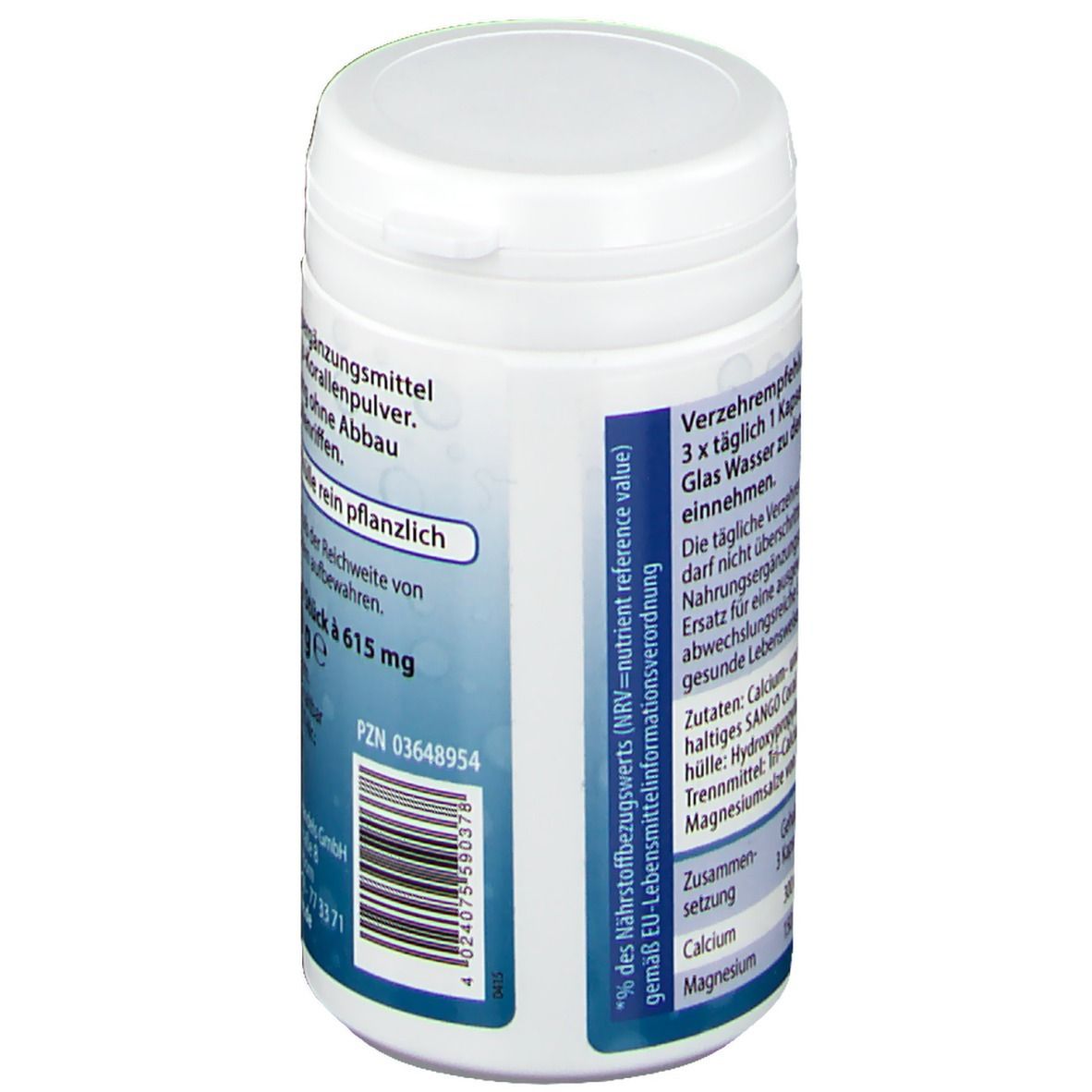 Achterkant van de witte pot. Tekst: Aanbevolen dosering: 3x daags 1 capsule met water. Ingrediënten: Calcium, Magnesium.