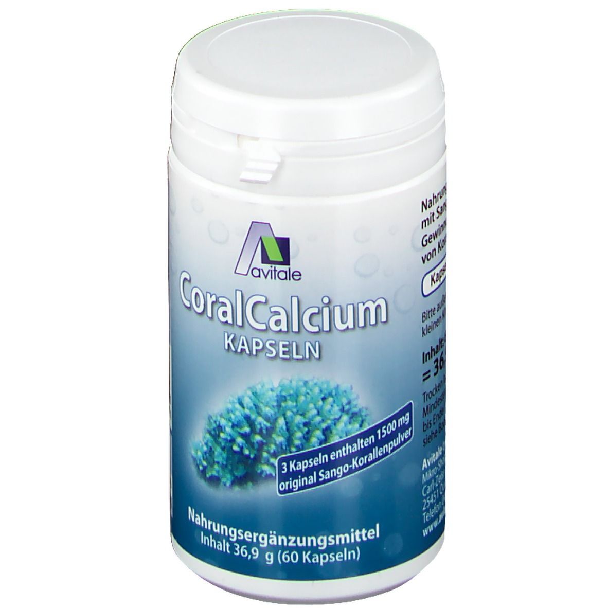 Witte pot met blauw etiket. Opschrift: Avitale Coral Calcium Kapseln. Afbeelding van een koraalrif. Inhoud: 60 capsules.