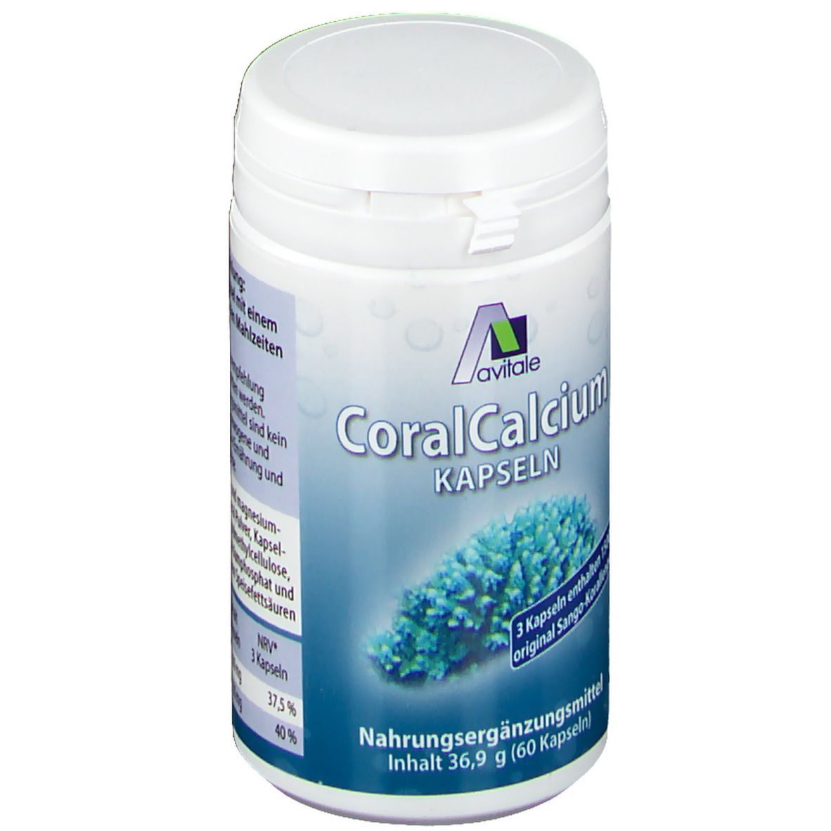 Witte pot met blauw etiket. Opschrift: Avitale Coral Calcium Kapseln. Afbeelding van een koraalrif. Inhoud: 60 capsules.