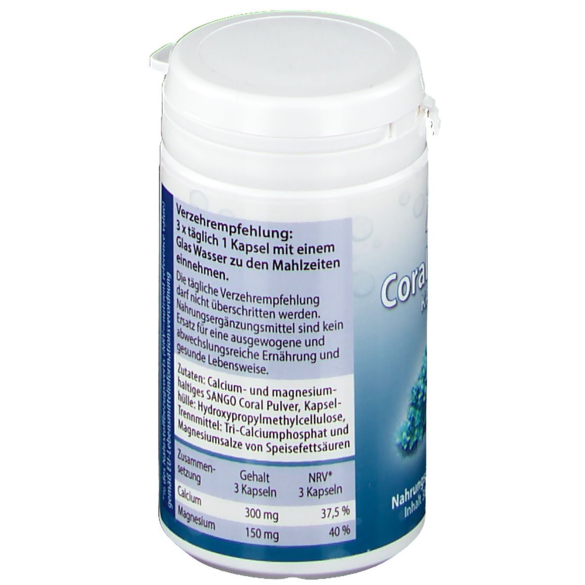 Achterkant van de witte pot. Tekst: Aanbevolen dosering: 3x daags 1 capsule. Ingrediënten: Calcium, Magnesium. Voedingswaarde-informatie.