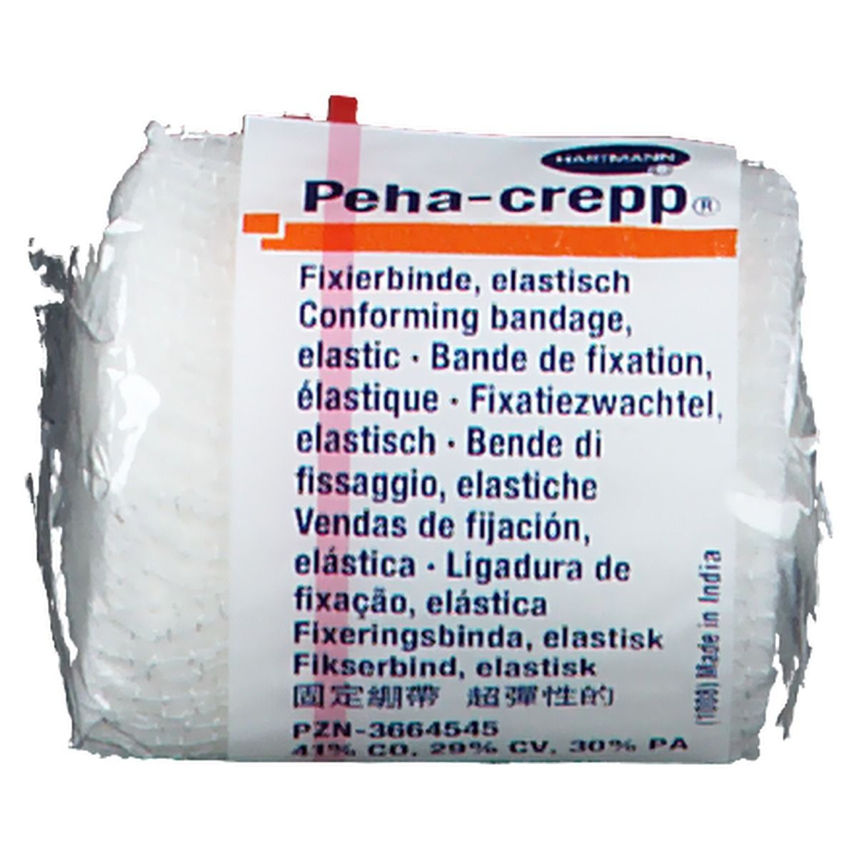 Hartmann Peha-crepp® fixatiezwachtel. Wit, elastisch, verpakt in folie. Productinfo en merk zichtbaar.