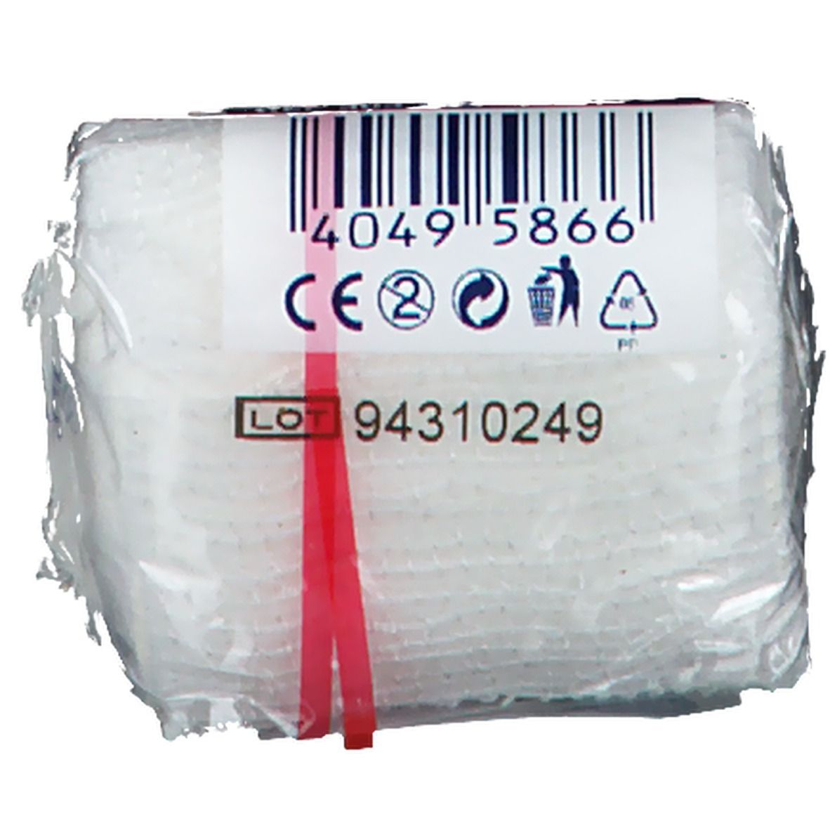Hartmann Peha-crepp® zwachtel, wit, in folie. Barcode, lotnummer en CE-markering zichtbaar.