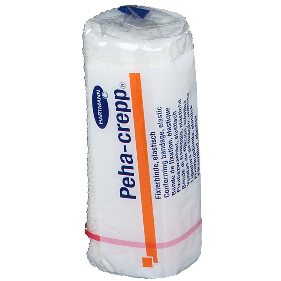 Elastisch fixatieverband, verpakt. Merk Hartmann Peha-crepp®. Oranje streep. Rode rubberen ring.