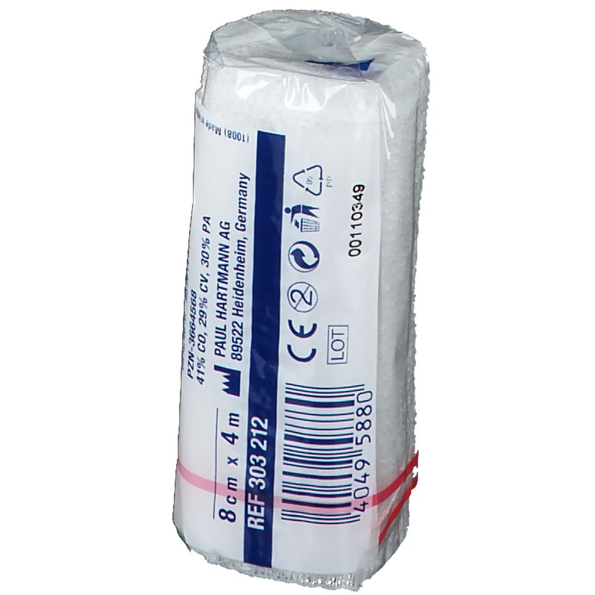 Elastisch fixatieverband, verpakt. Tekst op de verpakking. Rode rubberen ring. 8 cm x 4 m. CE-markering.