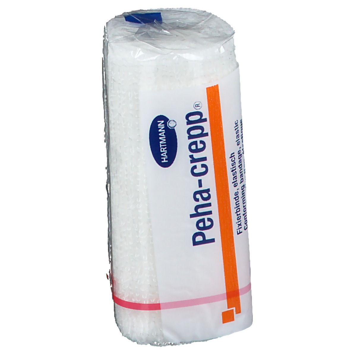 Elastisch fixatieverband, verpakt. Merk Hartmann Peha-crepp®. Oranje streep. Rode rubberen ring.