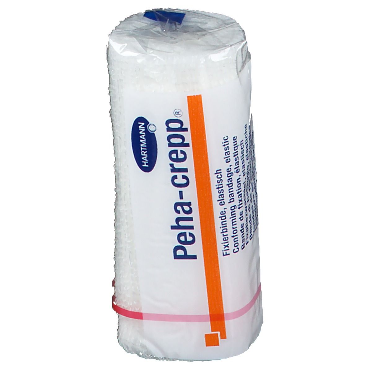 Elastisch fixatieverband, verpakt. Merk Hartmann Peha-crepp®. Oranje streep. Rode rubberen ring.