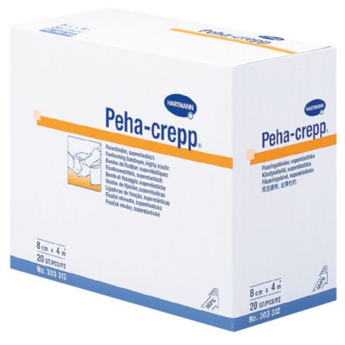 Witte verpakking met productnaam Peha-crepp en Hartmann-logo. Bevat 20 fixatiezwachtels, 8cm x 4m.