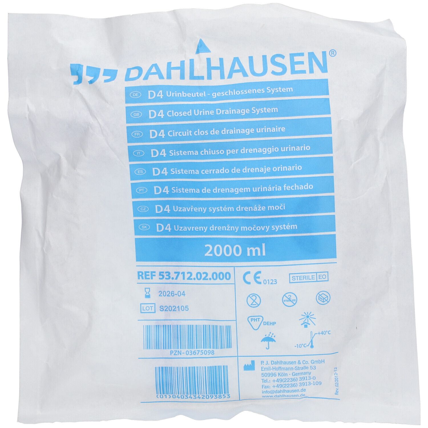 Dahlhausen D4 urinezak, gesloten systeem, 2000 ml. Verpakking met productinformatie en CE-markering.