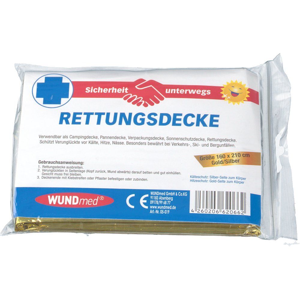 WUNDmed reddingsdeken in folieverpakking. Goud/zilver, 160x210 cm. Tekst: reddingsdeken, veiligheid onderweg. CE-markering.