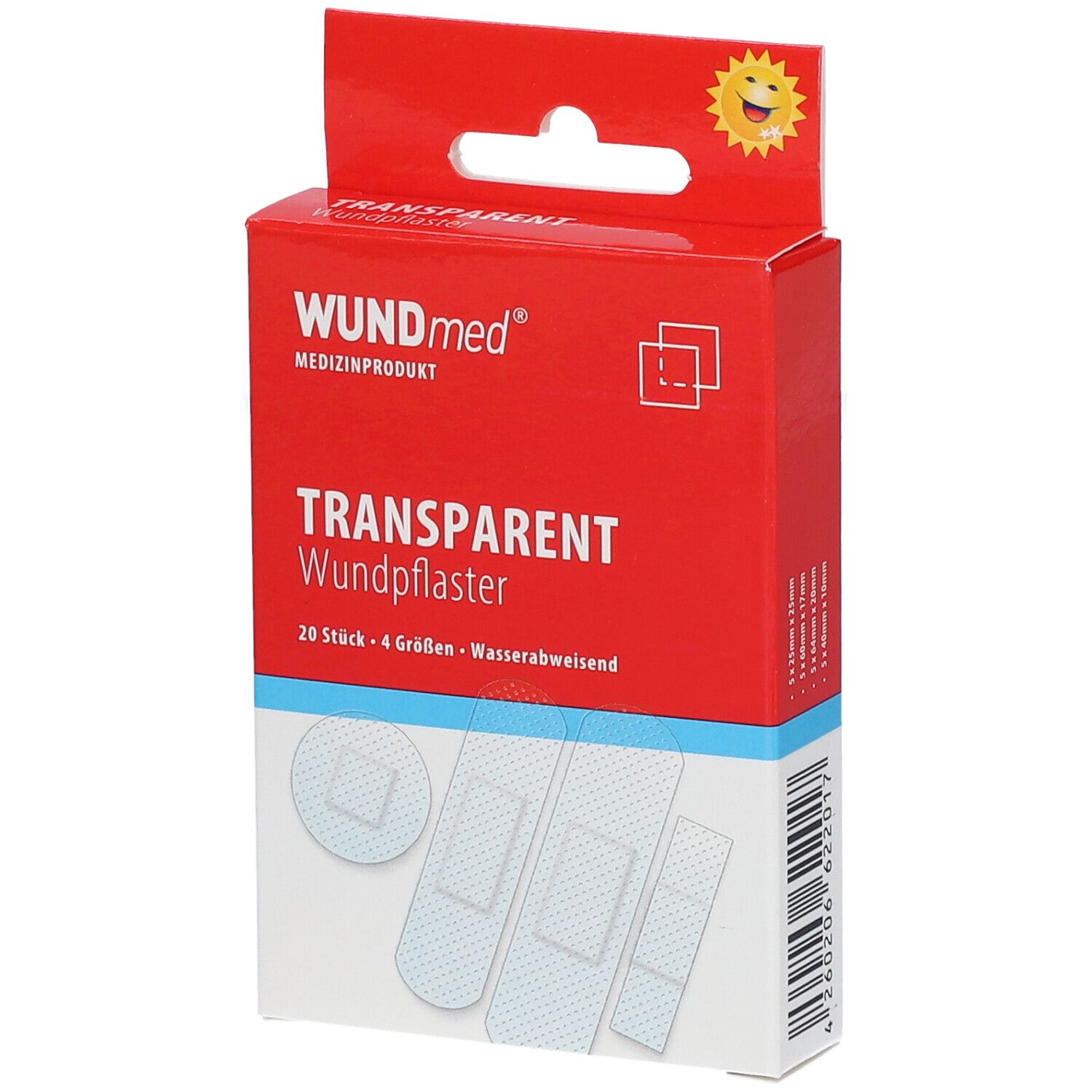 Boîte rouge de pansements transparents. Inscription: WUNDmed, Transparent Wundpflaster, 20 pièces, 4 tailles, résistant à l'eau.