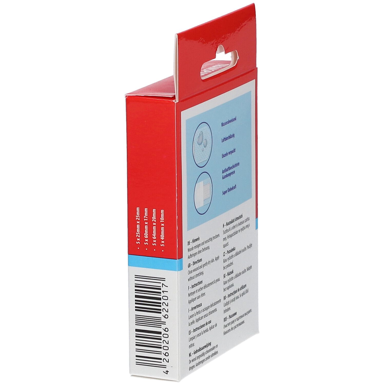 Vue latérale de la boîte rouge avec pansements transparents. Indications de taille imprimées et code-barres.