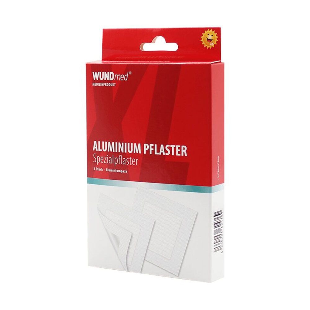 Emballage de pansements en aluminium WUNDmed®. Boîte rouge et blanche avec nom du produit et image des pansements.