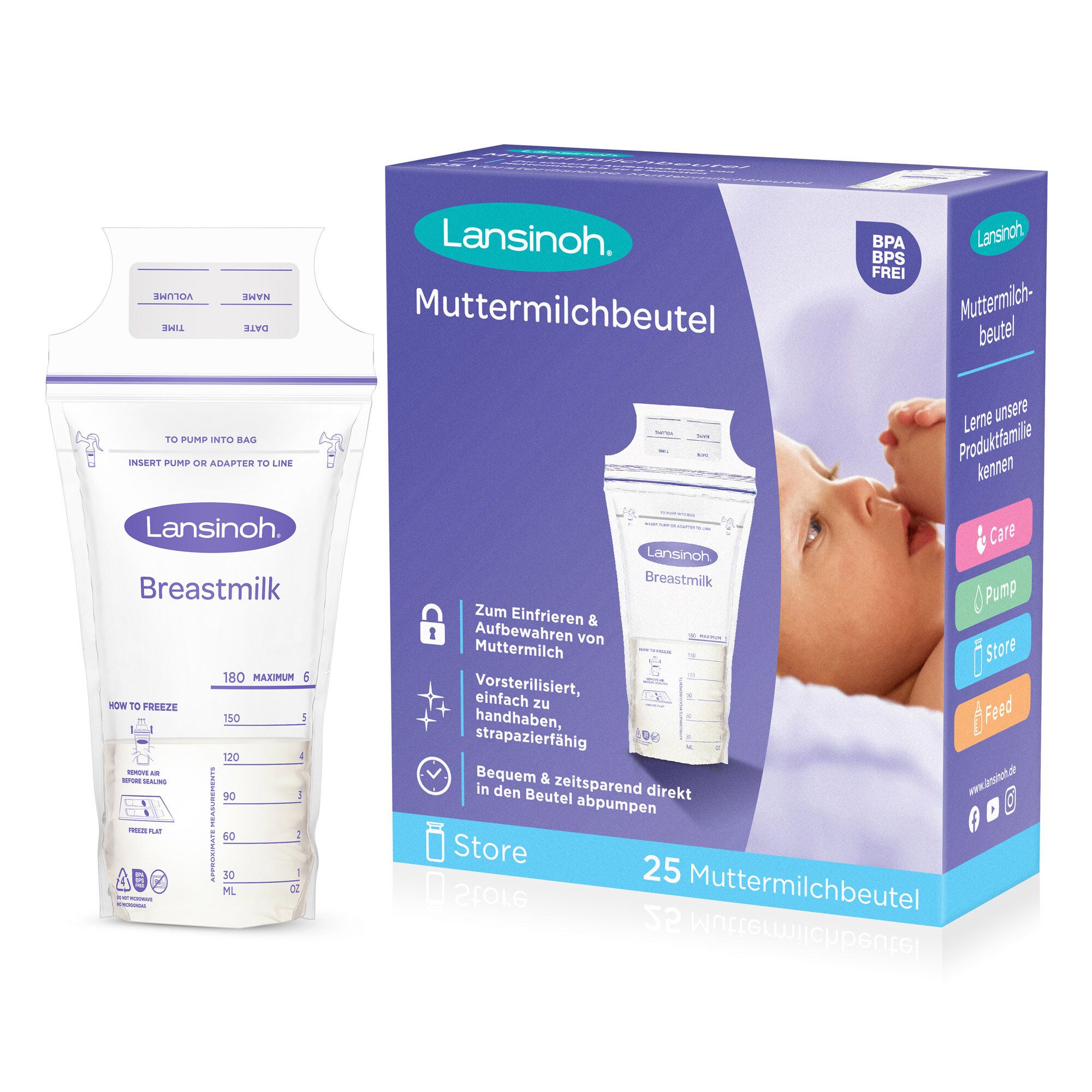Verpakking met 25 Lansinoh moedermelkzakjes. Op de verpakking staan een baby en een vrouw afgebeeld. BPA-vrij.