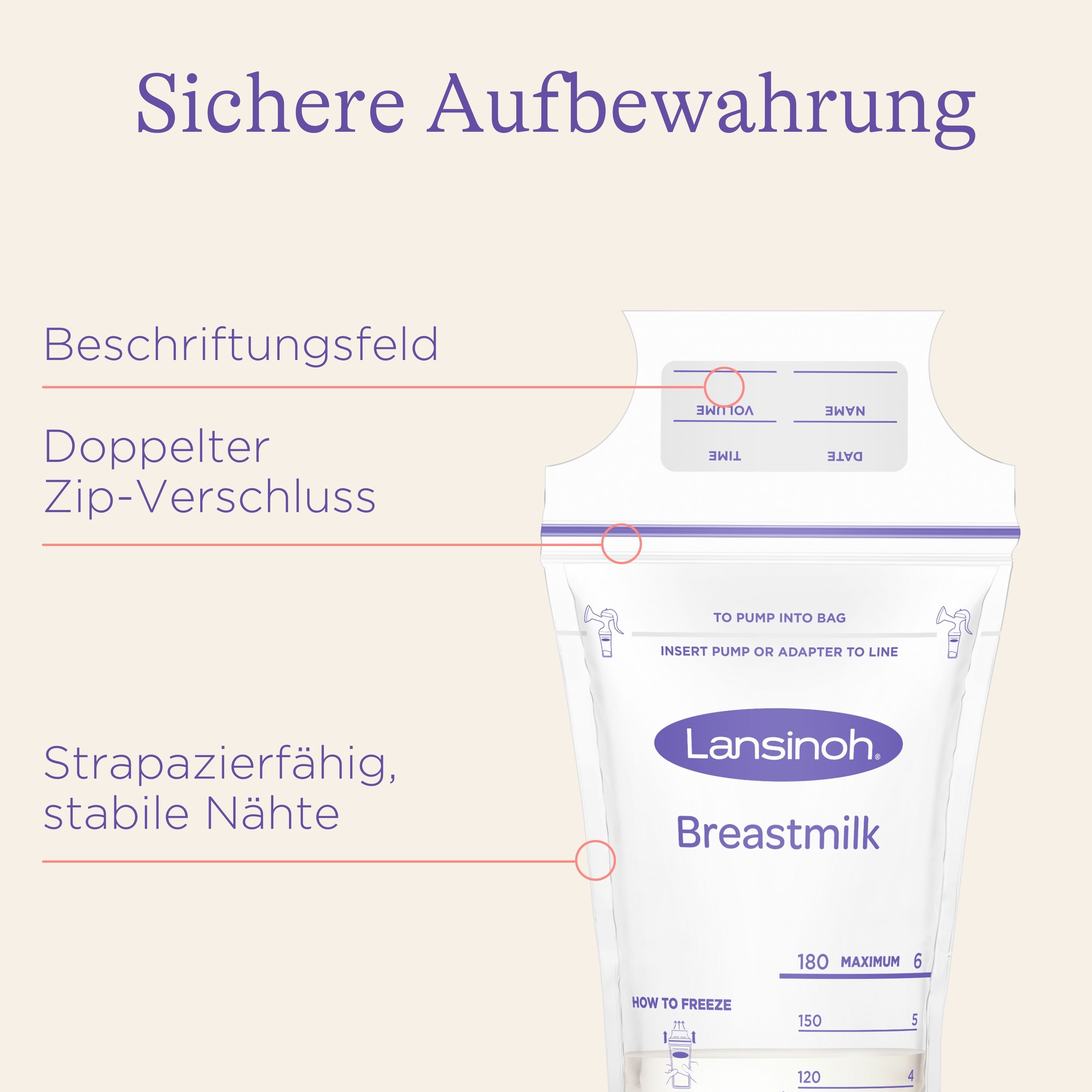 Close-up van een moedermelkzakje met beschrijvingsveld en dubbele ritssluiting. Tekst: Breastmilk. Duurzame, stabiele naden.