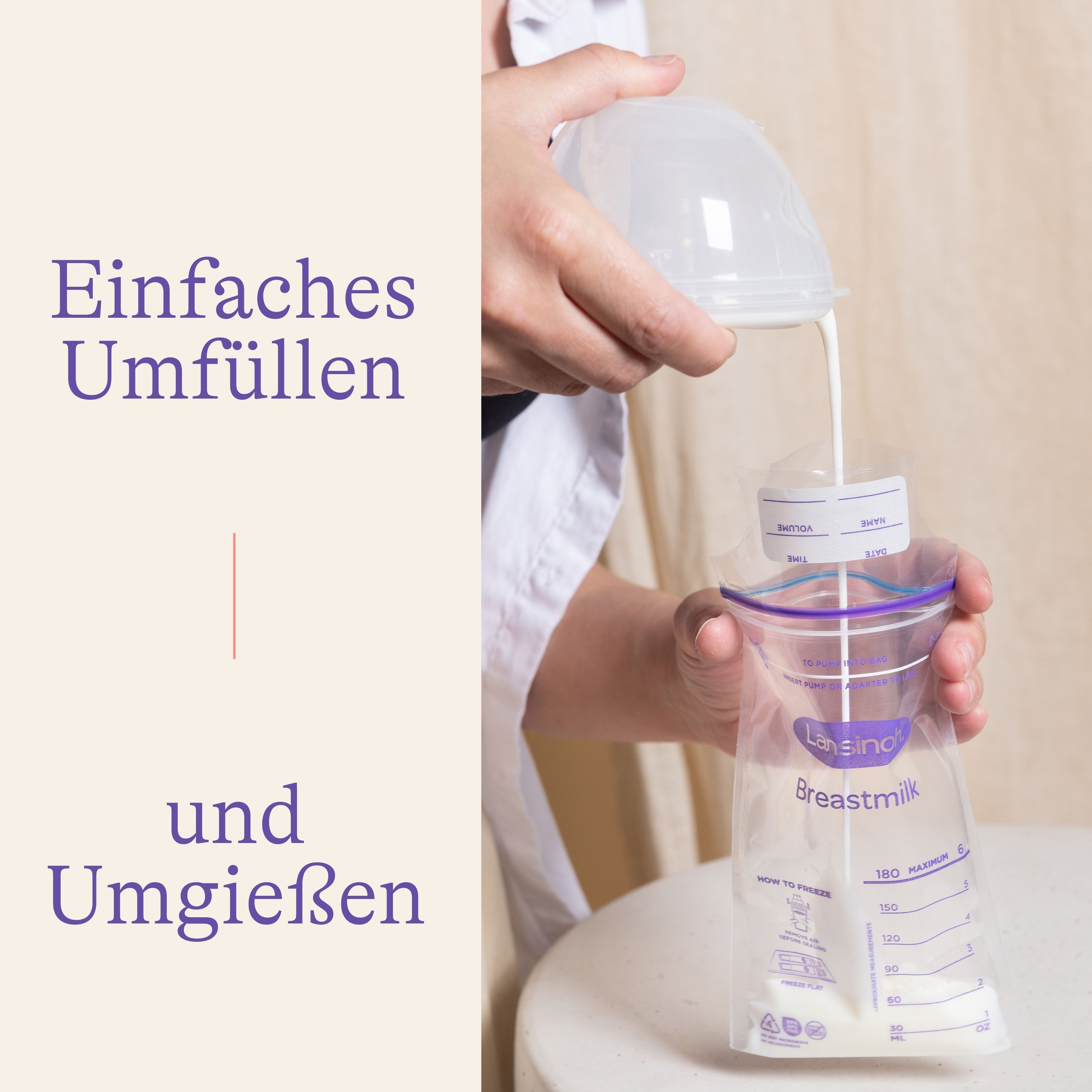 Melk wordt in een moedermelkzakje gegoten. Zakje met meetschaal. Tekst: Gemakkelijk overgieten.