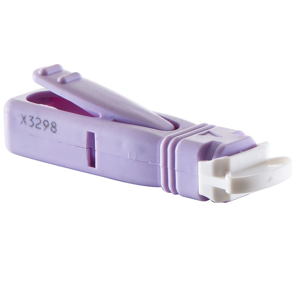 Lancetapparaat met paars omhulsel en witte activator. Het nummer X3298 is erop gedrukt.