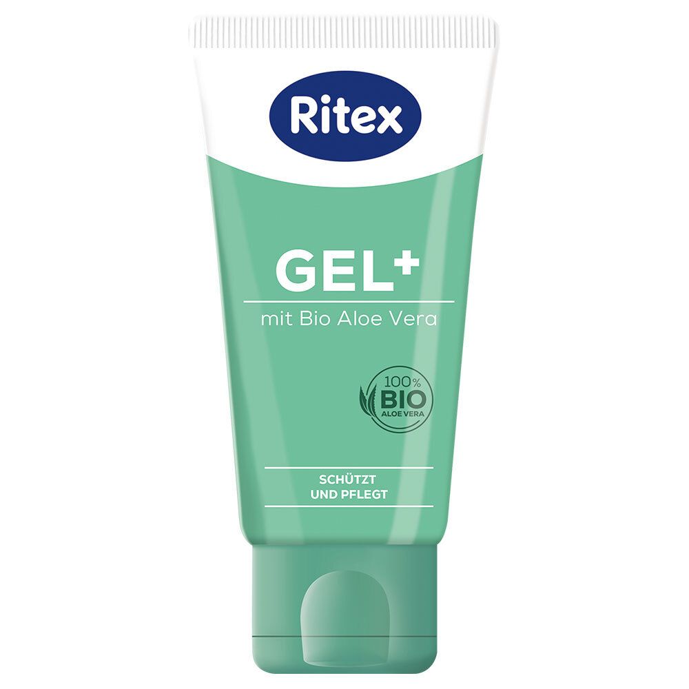 Ritex GEL+ tube. Groen-wit, met productnaam en Bio Aloe Vera. 100% Bio-label. Beschermt en verzorgt.
