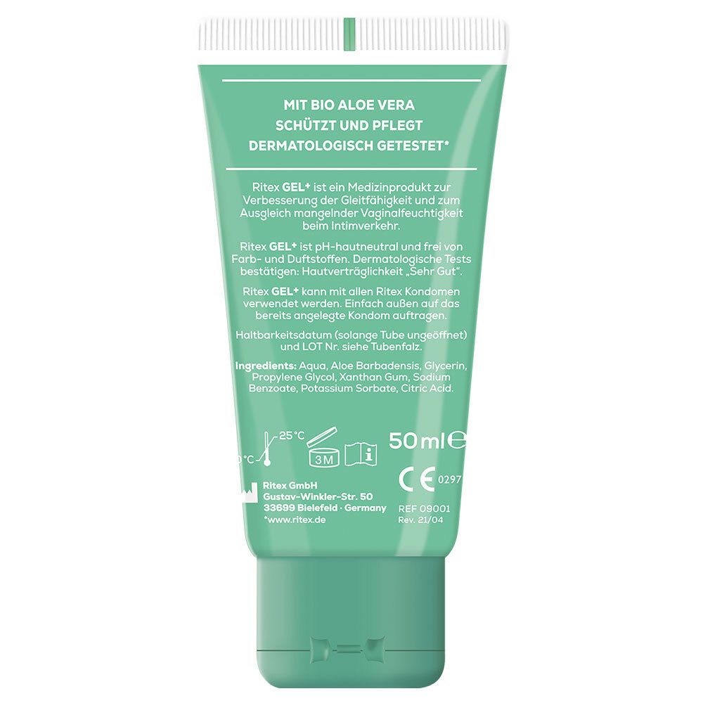 Achterkant van de Ritex GEL+ tube. Tekst met ingrediënten, houdbaarheid en certificeringen. 50ml.