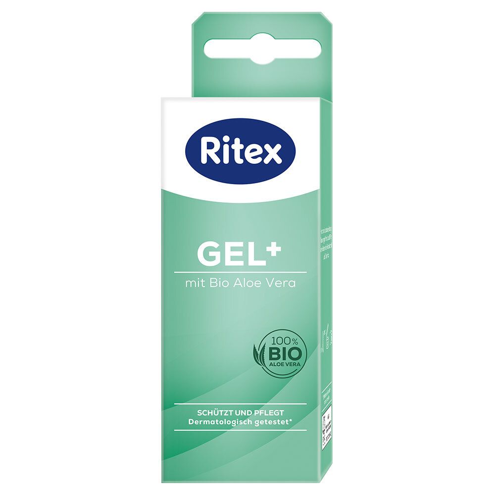 Ritex GEL+ verpakking. Groen-wit, met productnaam en Bio Aloe Vera. 100% Bio-label. Beschermt en verzorgt.