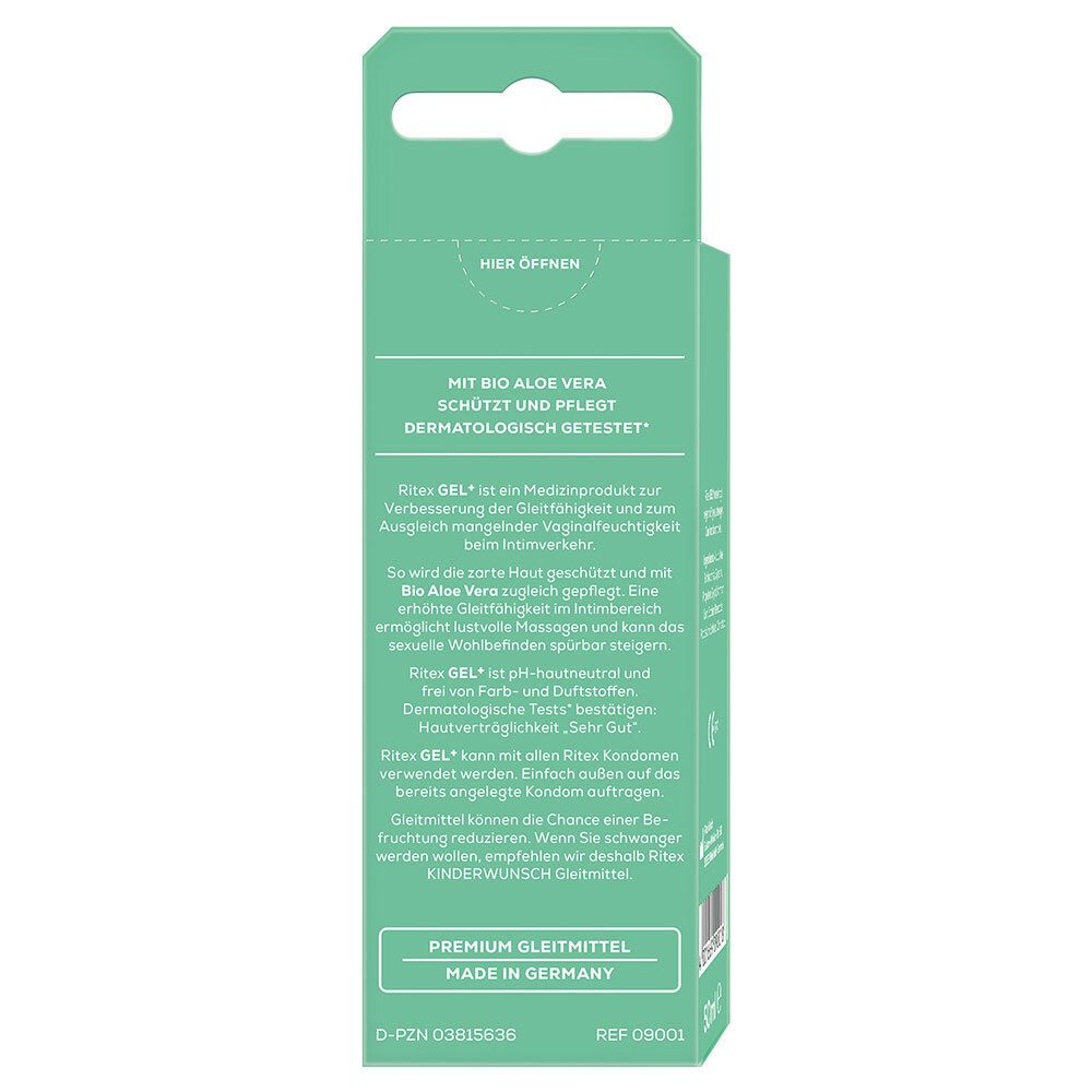 Achterkant van de Ritex GEL+ verpakking. Tekst met ingrediënten, houdbaarheid en certificeringen. 50ml.