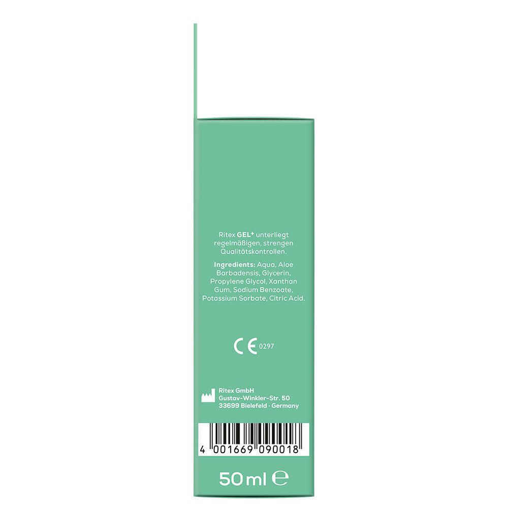 Zijaanzicht van de Ritex GEL+ verpakking. Tekst met ingrediënten en certificeringen. 50ml.