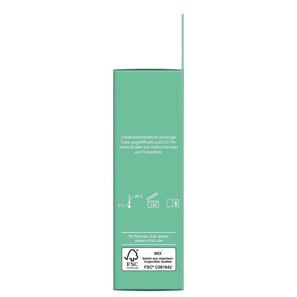 Zijaanzicht van de Ritex GEL+ verpakking. Tekst met houdbaarheid, FSC-label en certificeringen.