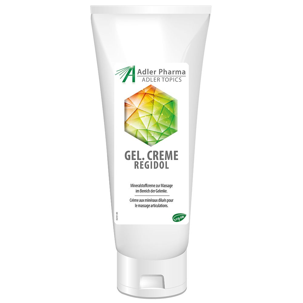 Witte tube met groen-geel logo en tekst GEL. CREME REGIDOL. Tekst: Mineraalcrème voor massage.
