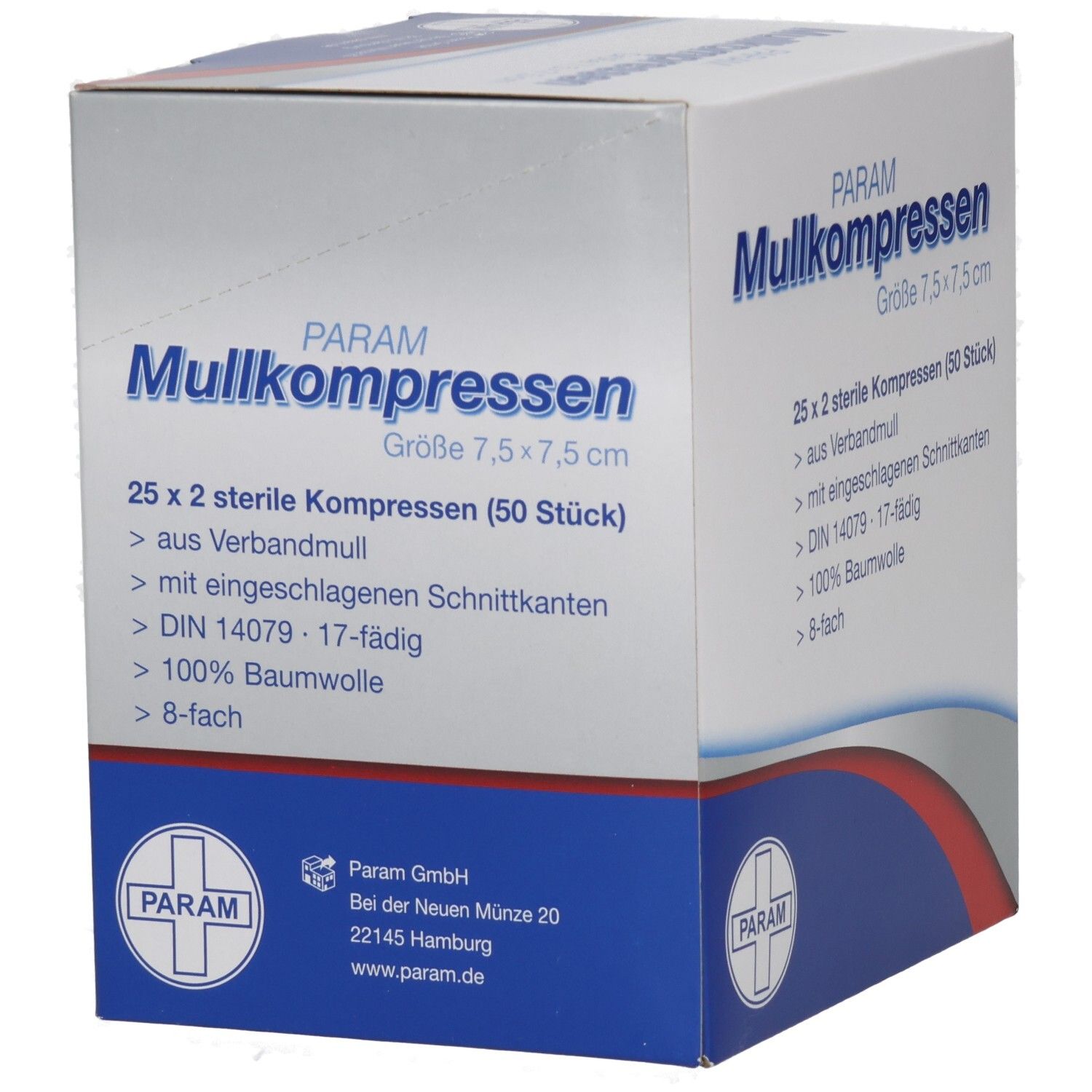 Boîte PARAM Mullkompressen 7,5 x 7,5 cm, stérile. 25 x 2 compresses. Informations produit. Logo PARAM.