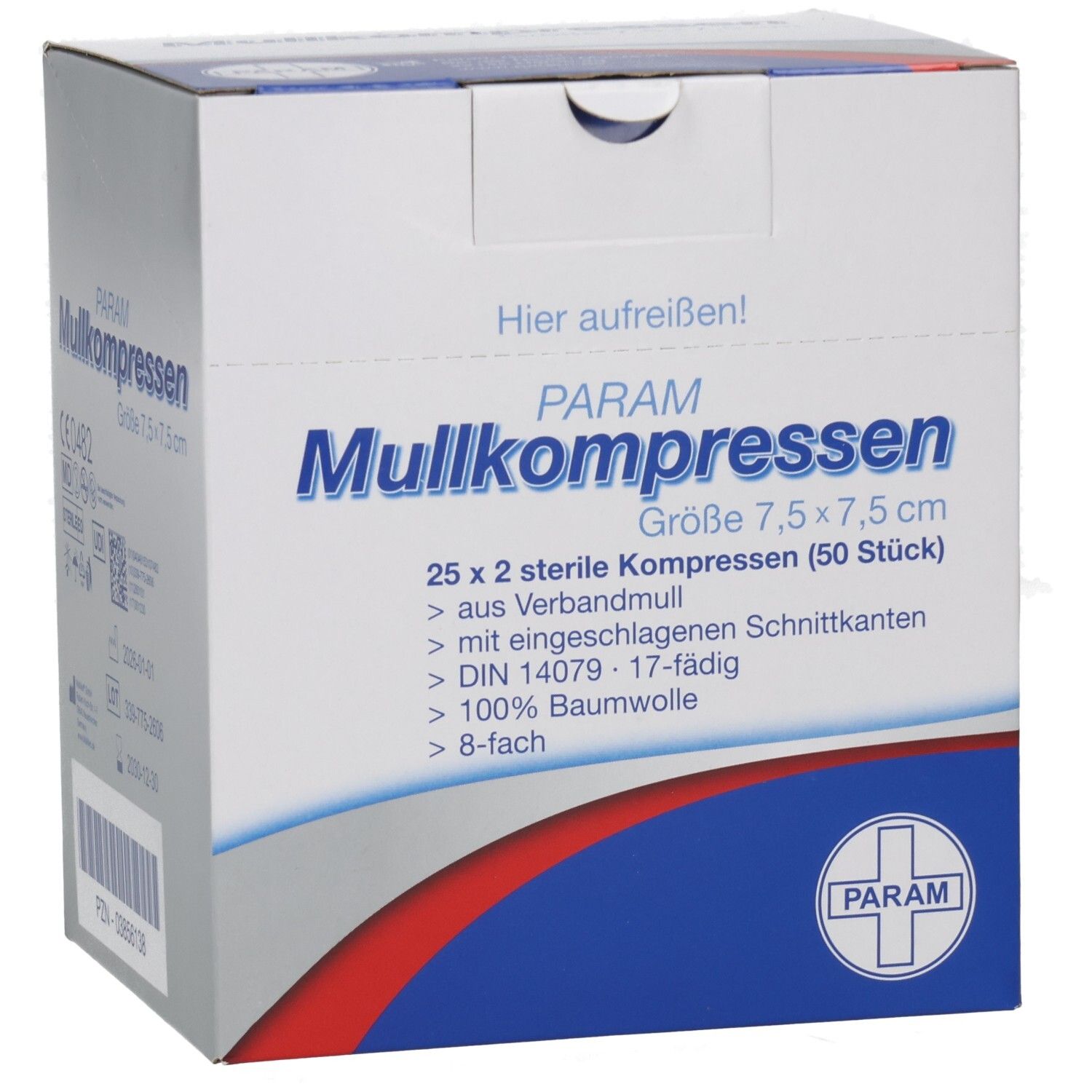 Boîte PARAM Mullkompressen 7,5 x 7,5 cm, stérile. 25 x 2 compresses. Informations produit. Logo PARAM.