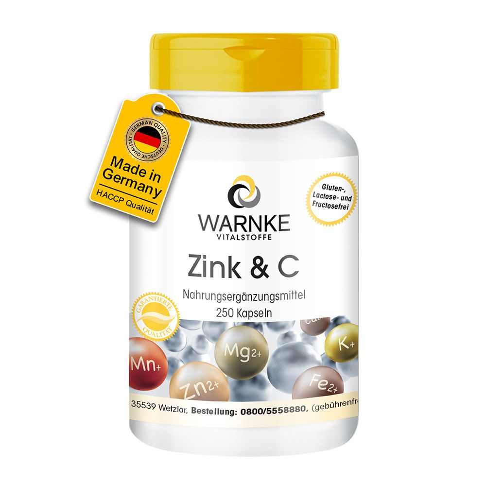 Flacon blanc à bouchon jaune. Inscription: WARNKE Zink & C, 250 capsules. Étiquette: Made in Germany, qualité HACCP.