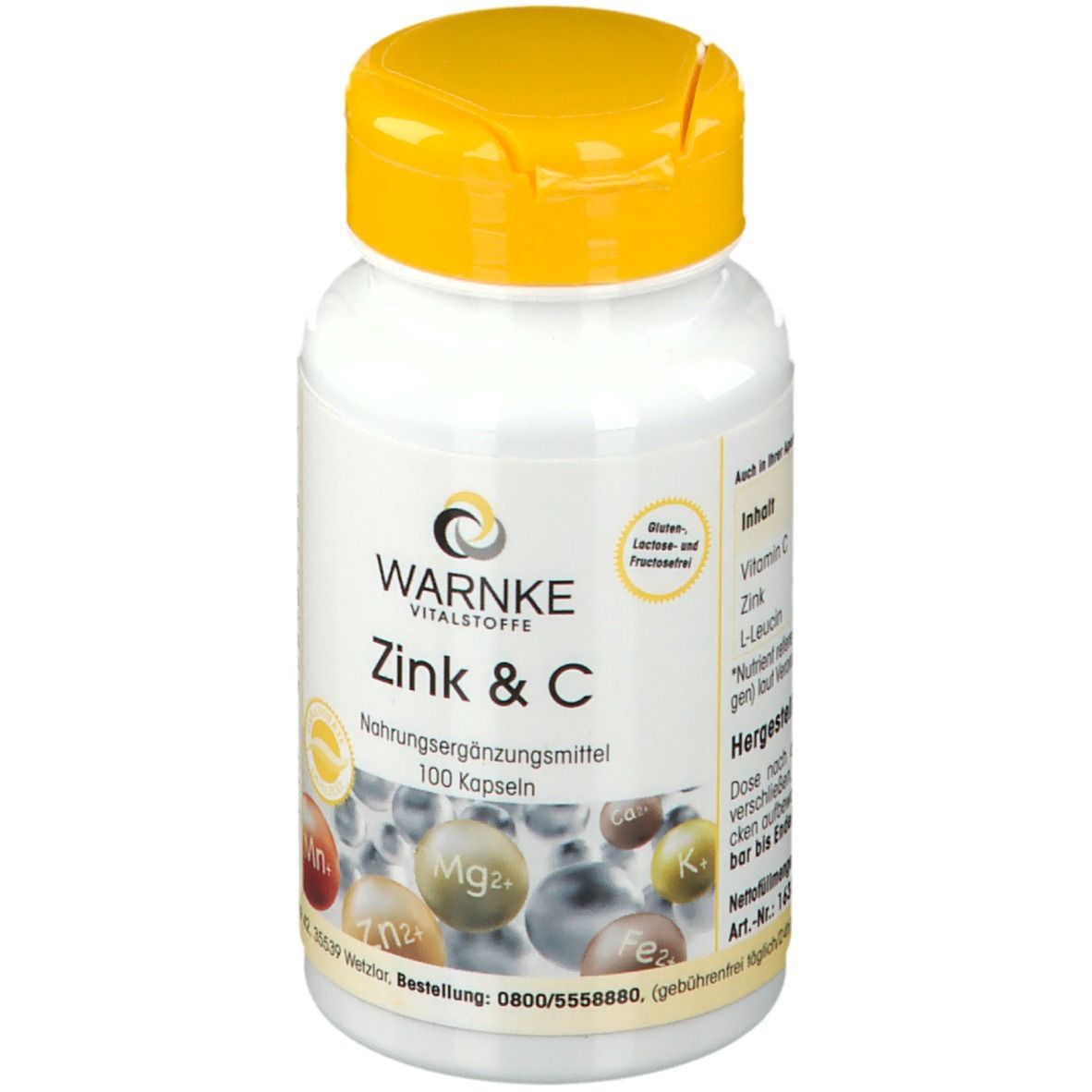 Witte fles met gele dop. Opschrift: WARNKE Zink & C. Voedingssupplement. 100 capsules. Detail van ingrediënten.