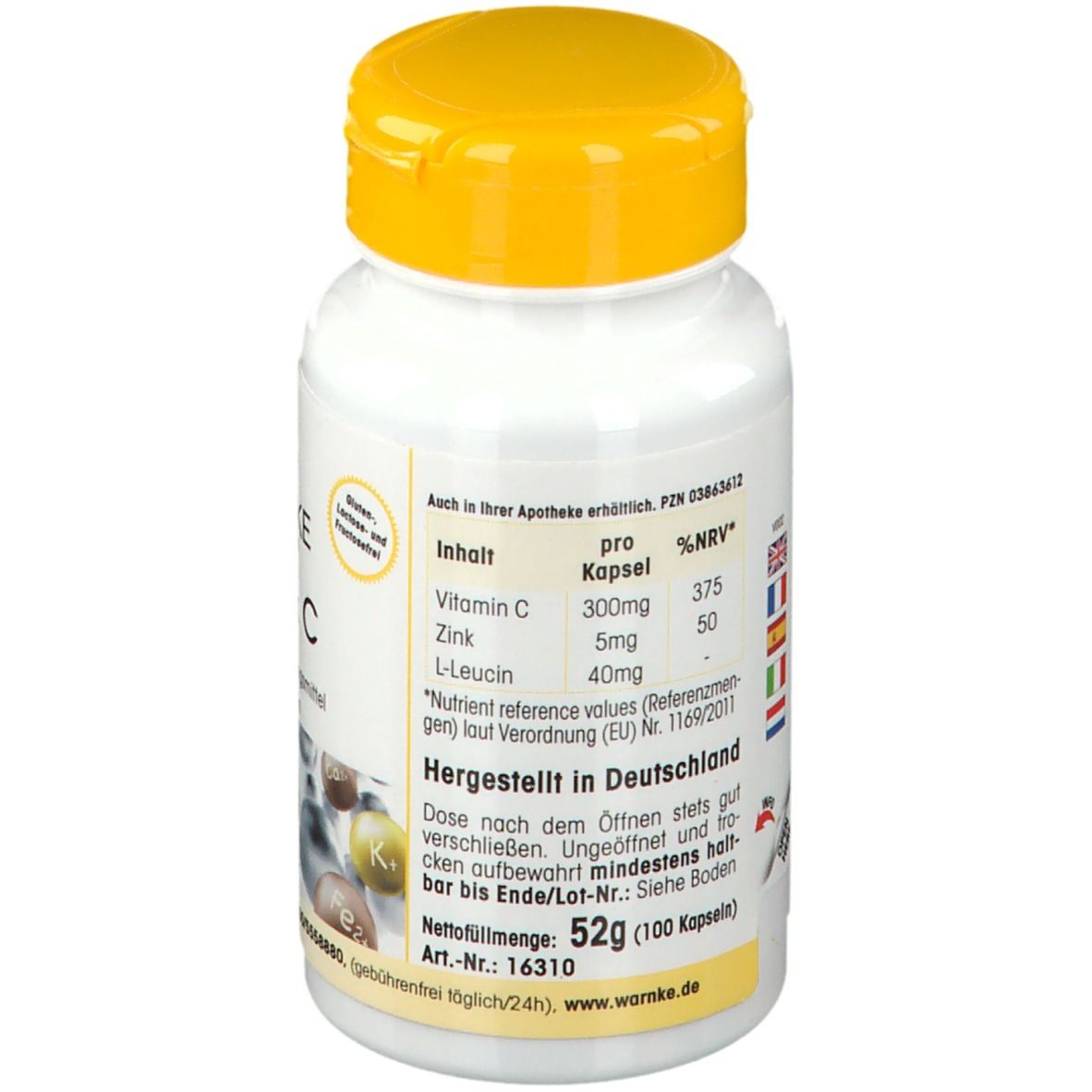 Witte fles met gele dop. Opschrift: WARNKE Zink & C. Ingrediënten: Vitamine C, Zink, L-Leucine. Gemaakt in Duitsland.