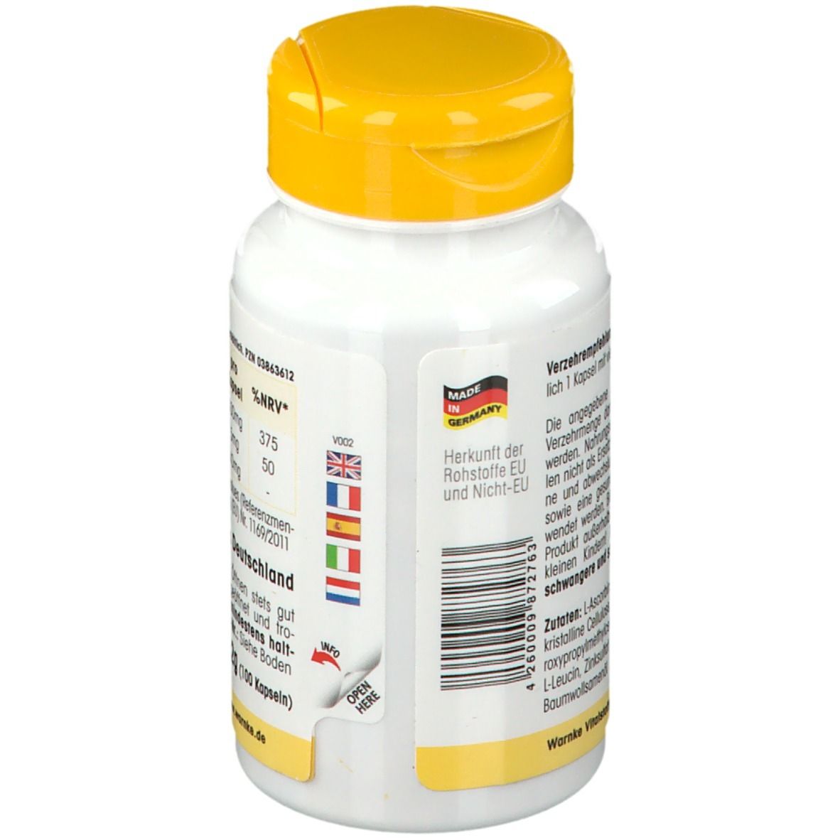 Achterkant van een witte fles met gele dop. Opschrift: Gemaakt in Duitsland. Met vlaggen van EU-landen.