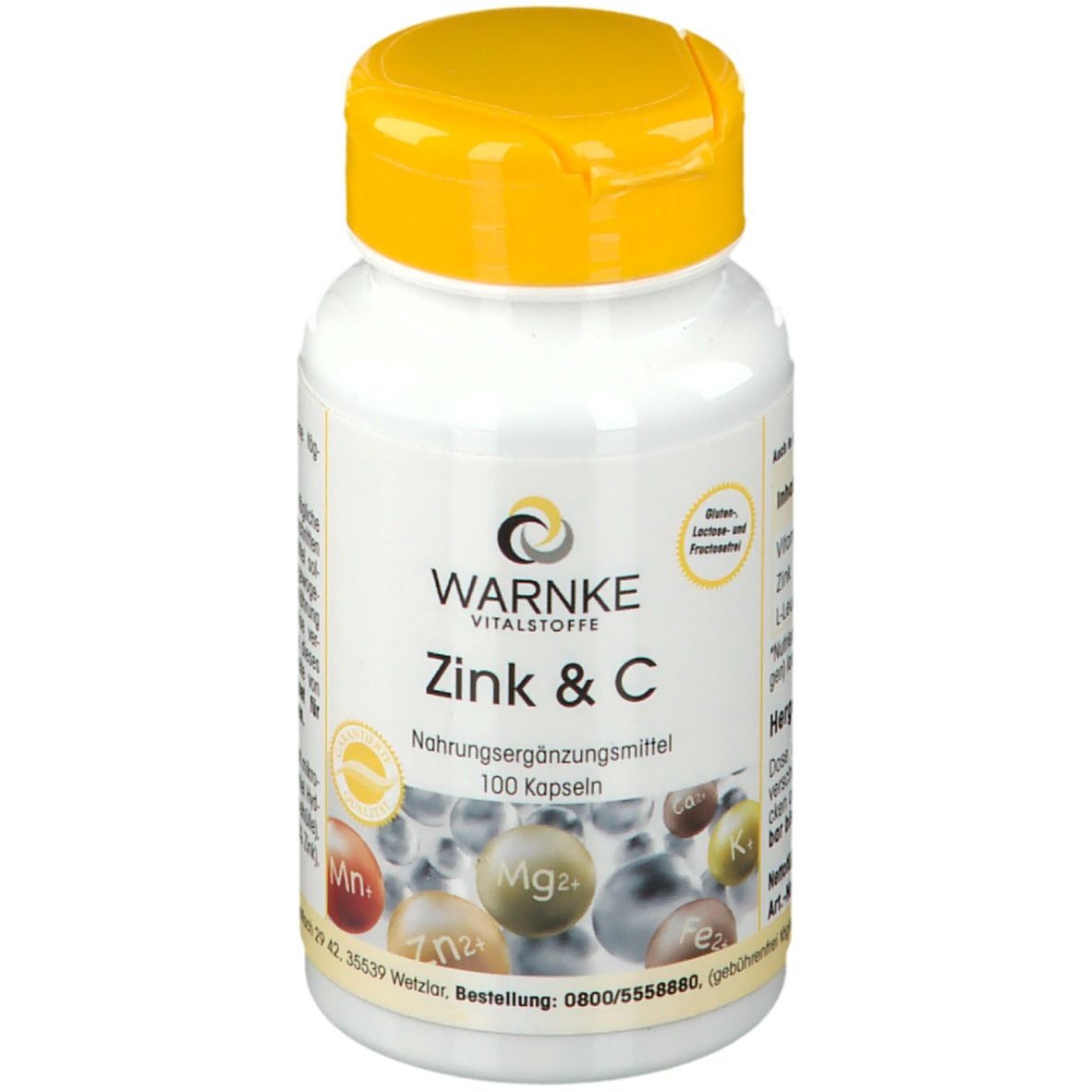 Witte fles met gele dop. Opschrift: WARNKE Zink & C. Voedingssupplement. 100 capsules. Detail van ingrediënten.