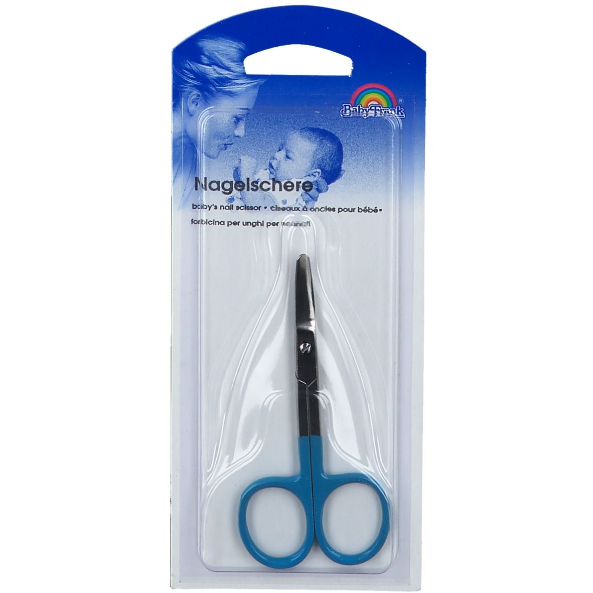 Gebogen babyschaartje met blauwe handvatten, verpakt in blisterverpakking met productinformatie en afbeelding van moeder en kind.