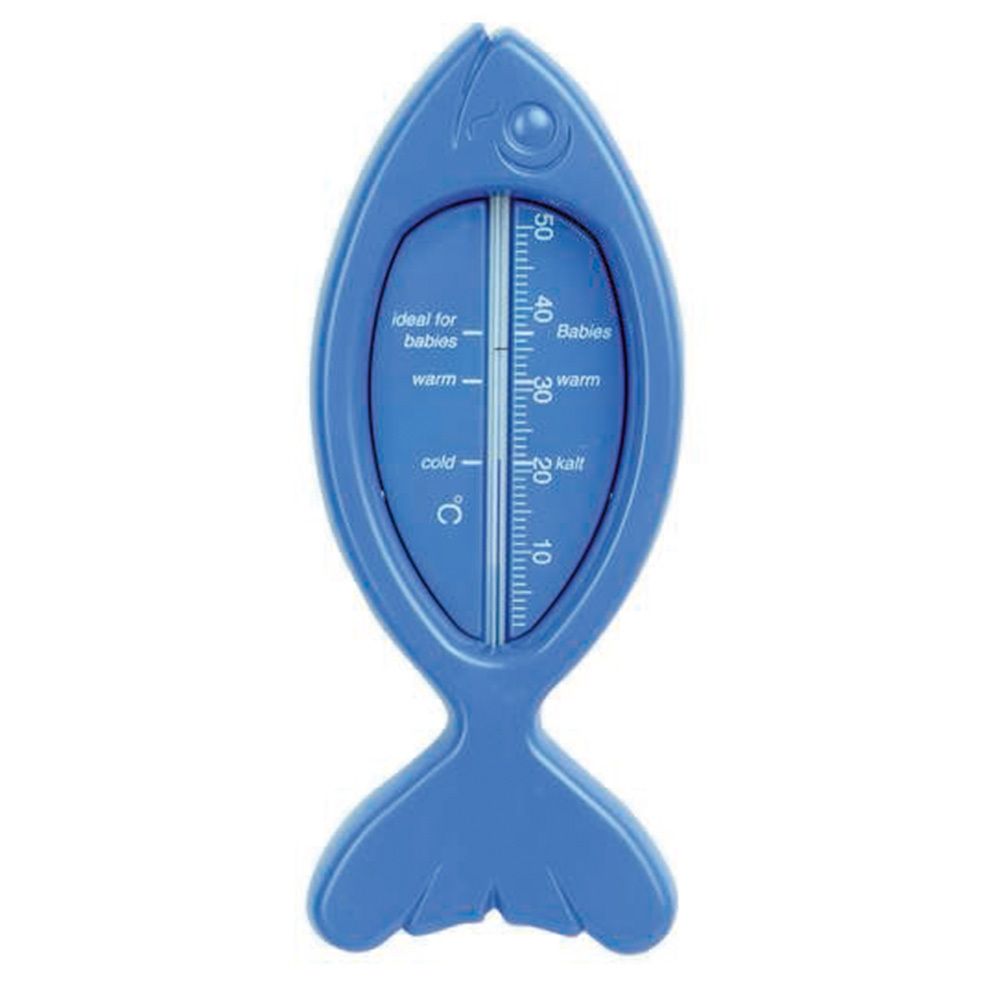 Een blauwe vis-thermometer met een schaal in Celsius en markeringen voor 'koud' en 'warm'.