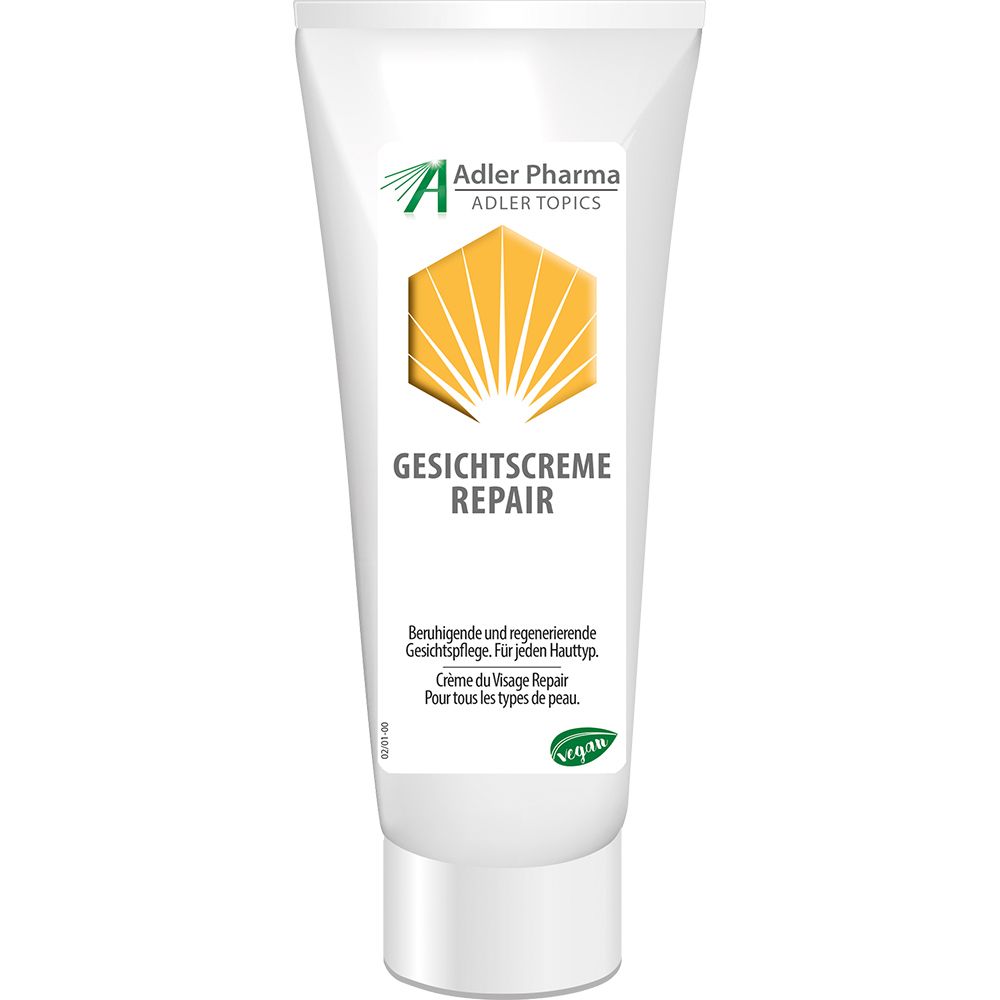 Tube blanche avec inscription GESICHTSCREME REPAIR. Logo Adler Pharma. Label vegan.