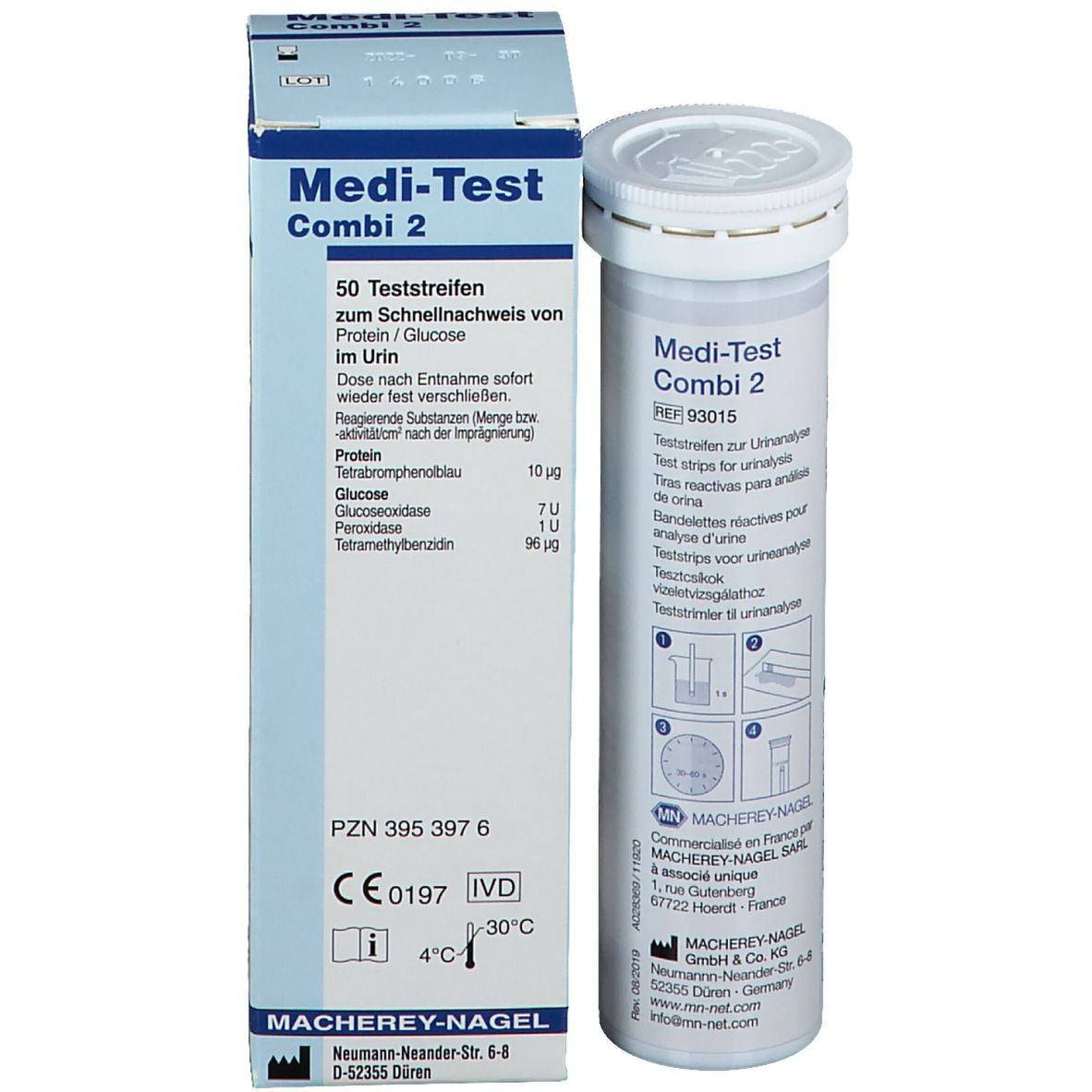 Medi-Test Combi 2 teststrips voor urineanalyse in een buisje.