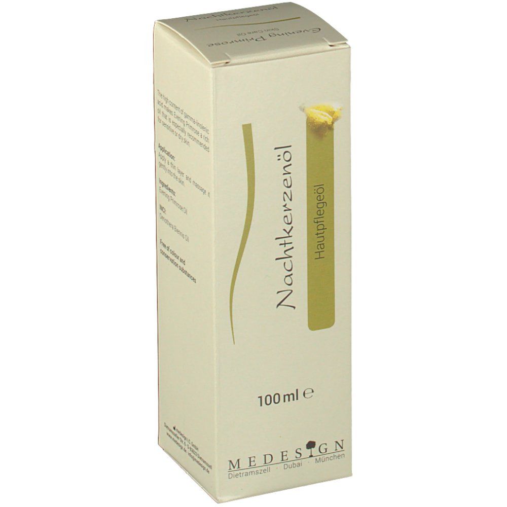 Beige verpakking met MEDESIGN Nachtkerzenöl. Tekst: Nachtkerzenöl Hautpflegeöl, 100ml e. Logo MEDESIGN.